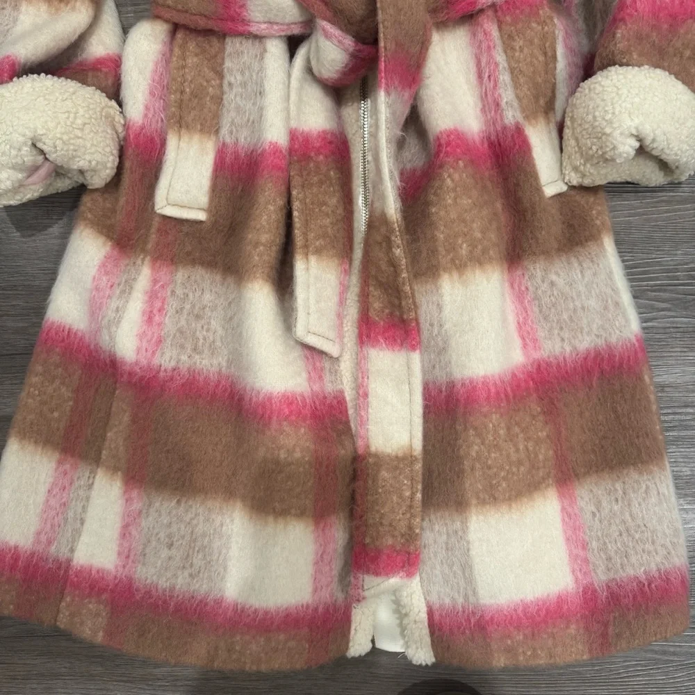 Kate Spade Belted Maxi Wool with Sherpa Detail Buffalo Plaid Coat